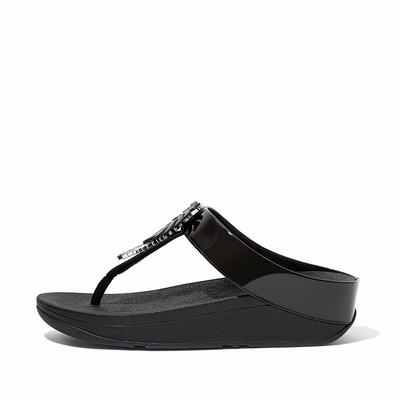 Fitflop Fino Jungle Leaf Patent Toe-Post - Sandalen Damen - Schwarz (JSC549137)